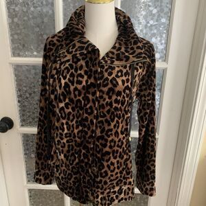 Jones New York Track Jacket Velour Leopard Print Sz M Full Zip